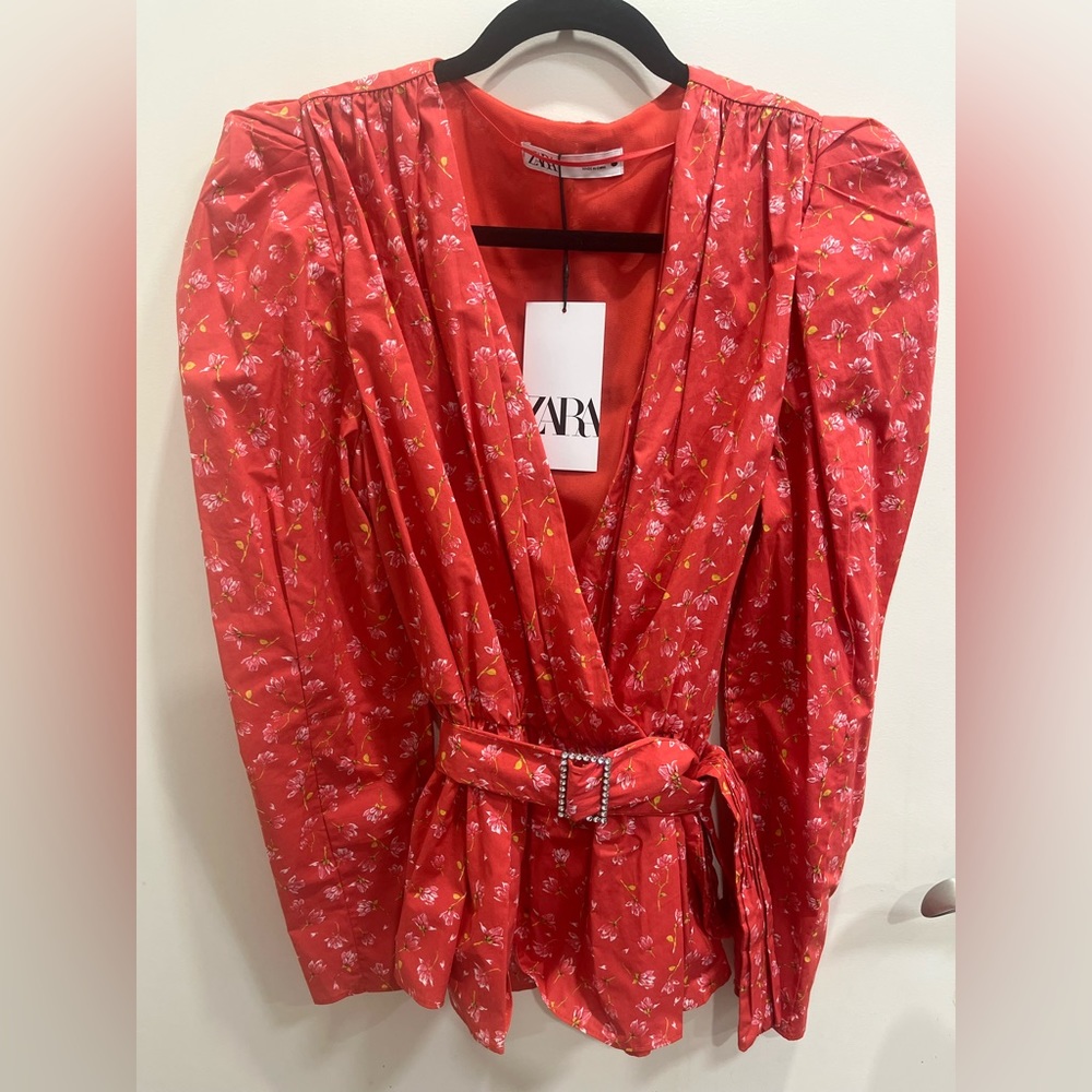 ZARA Red Floral Print Top Blouse With Belt Puff Shoulder - Picture 2 of 6